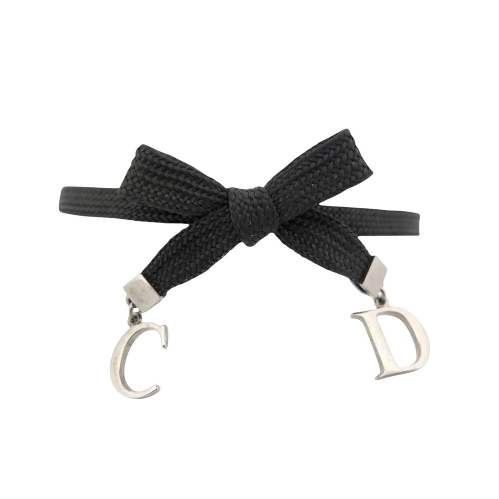 AUTH VTG Christian Dior Black Nylon Cord Ribbon Bow Metal CD Charm Bracelet